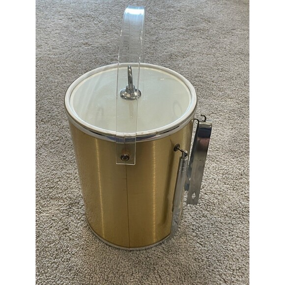 Ice Bucket Brushed Gold Silver Clear Lucite Handle & Lid 3 Tools Box Vintage - Picture 6 of 16